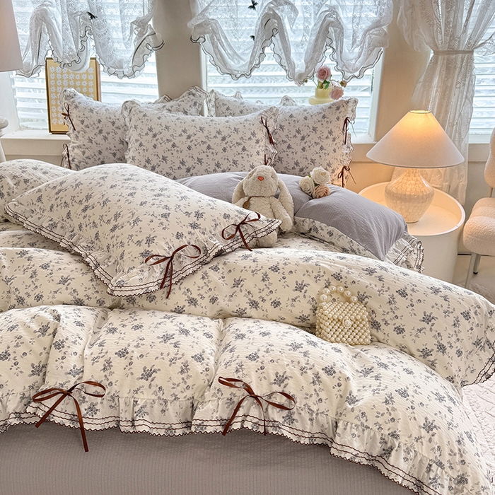 91家纺网 家纺一手货源 找家纺 韩约家纺 2025新款1韩式蝴蝶结加厚床单款棉麻四件套 花语