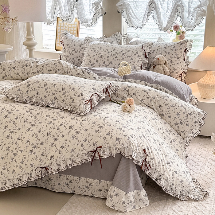 韩约家纺 2025新款1韩式蝴蝶结加厚床单款棉麻四件套 花语