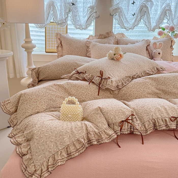 91家纺网 家纺一手货源 找家纺 韩约家纺 2025新款1韩式蝴蝶结加厚床单款棉麻四件套 心动