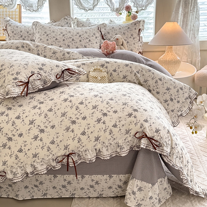 91家纺网 家纺一手货源 找家纺 韩约家纺 2025新款1韩式蝴蝶结加厚床单款棉麻四件套 花语