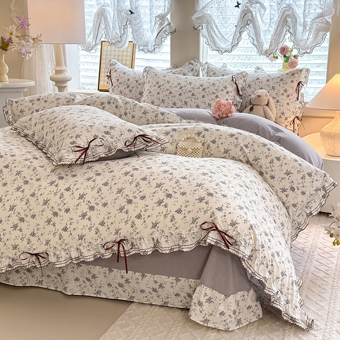 91家纺网 家纺一手货源 找家纺 韩约家纺 2025新款1韩式蝴蝶结加厚床单款棉麻四件套 花语