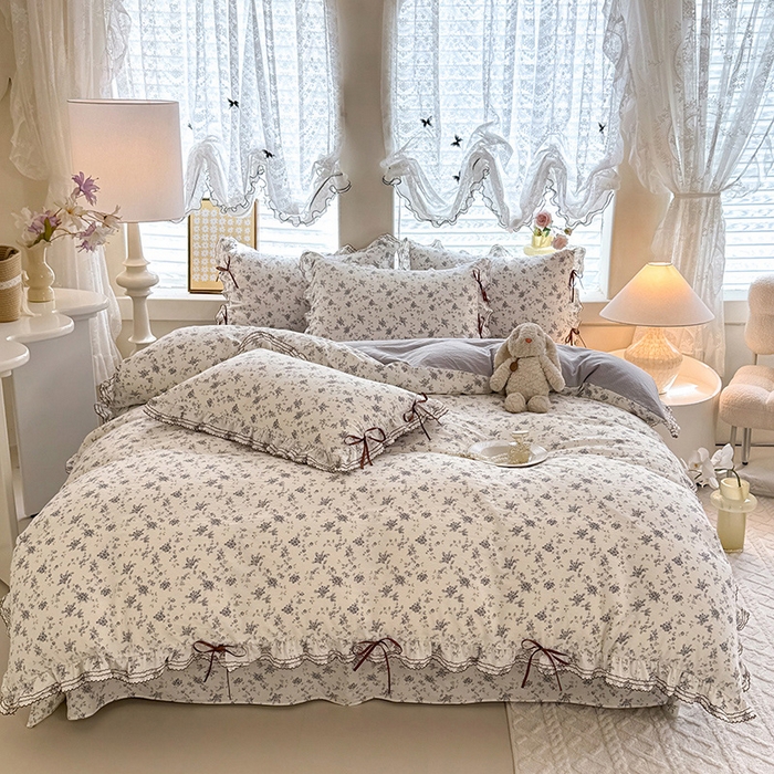 91家纺网 家纺一手货源 找家纺 韩约家纺 2025新款1韩式蝴蝶结加厚床单款棉麻四件套 花语