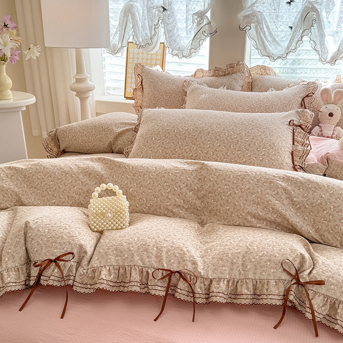 91家纺网 家纺一手货源 找家纺 韩约家纺 2025新款1韩式蝴蝶结加厚床单款棉麻四件套 心动