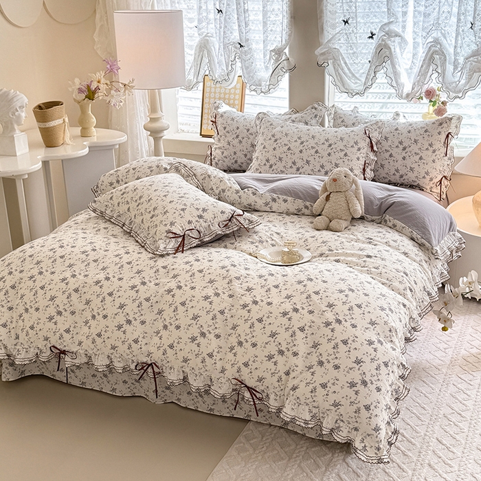 91家纺网 家纺一手货源 找家纺 韩约家纺 2025新款1韩式蝴蝶结加厚床单款棉麻四件套 花语