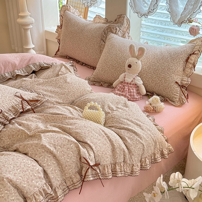 91家纺网 家纺一手货源 找家纺 韩约家纺 2025新款1韩式蝴蝶结加厚床单款棉麻四件套 心动