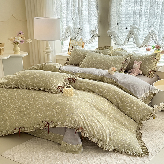 91家纺网 家纺一手货源 找家纺 韩约家纺 2025新款1韩式蝴蝶结加厚床单款棉麻四件套 花海