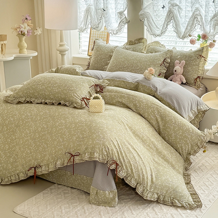 91家纺网 家纺一手货源 找家纺 韩约家纺 2025新款1韩式蝴蝶结加厚床单款棉麻四件套 花海