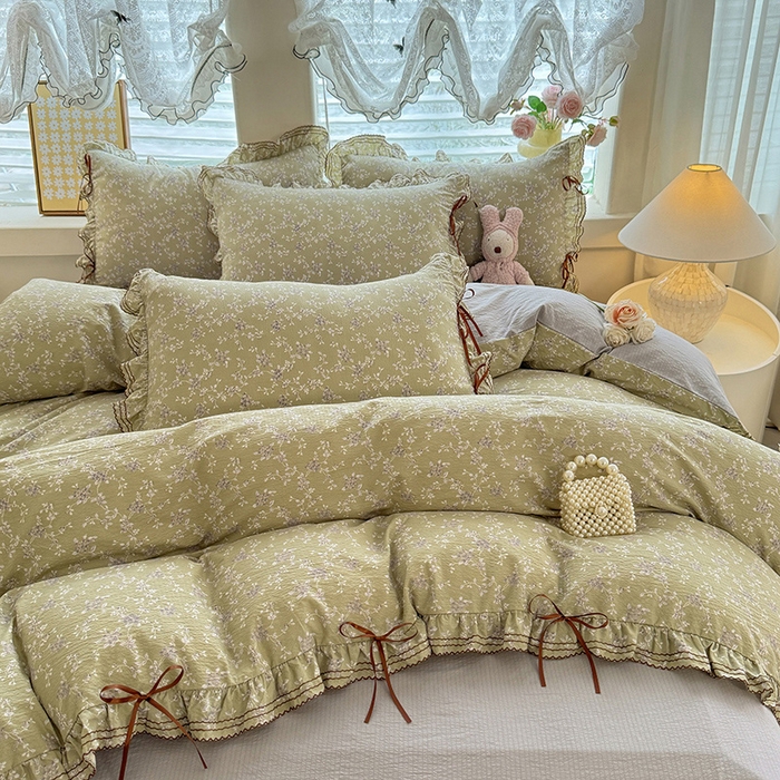 91家纺网 家纺一手货源 找家纺 韩约家纺 2025新款1韩式蝴蝶结加厚床单款棉麻四件套 花海