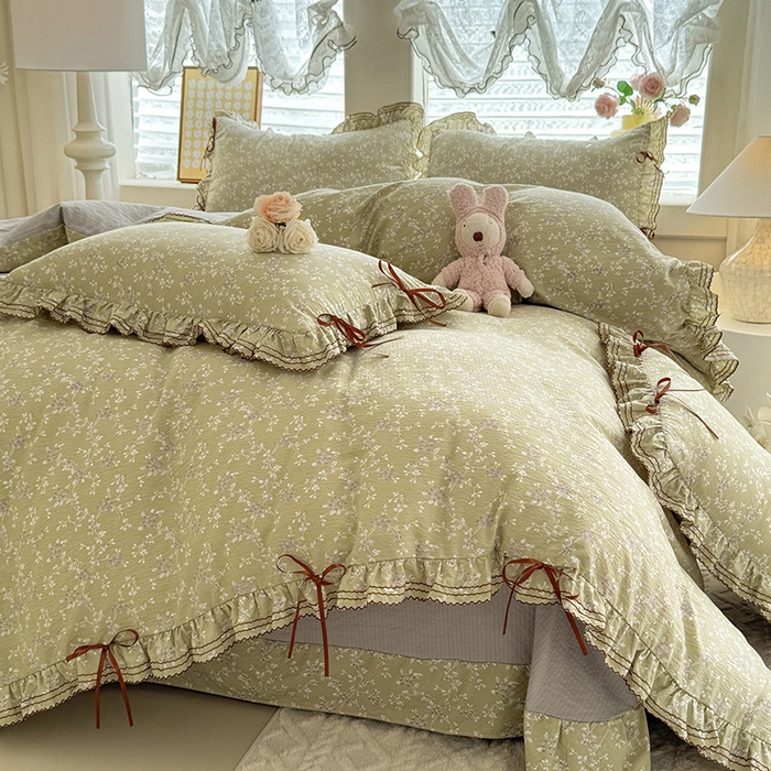 91家纺网 家纺一手货源 找家纺 韩约家纺 2025新款1韩式蝴蝶结加厚床单款棉麻四件套 花海