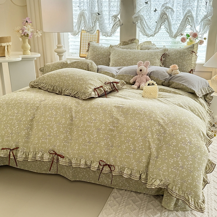 91家纺网 家纺一手货源 找家纺 韩约家纺 2025新款1韩式蝴蝶结加厚床单款棉麻四件套 花海