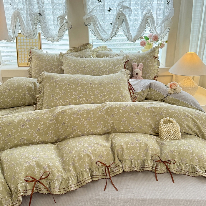 91家纺网 家纺一手货源 找家纺 韩约家纺 2025新款1韩式蝴蝶结加厚床单款棉麻四件套 花海