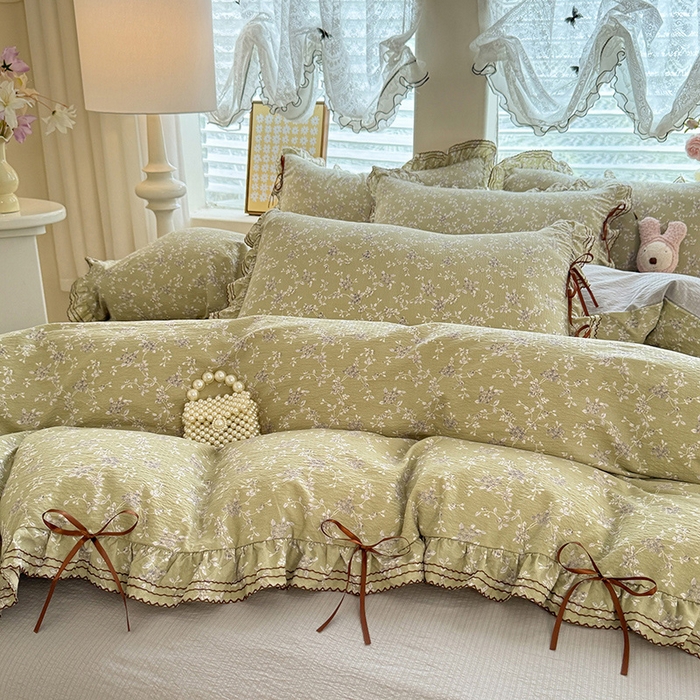 91家纺网 家纺一手货源 找家纺 韩约家纺 2025新款1韩式蝴蝶结加厚床单款棉麻四件套 花海