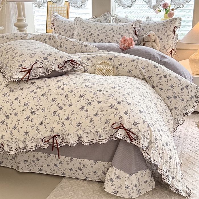 91家纺网 家纺一手货源 找家纺 韩约家纺 2025新款1韩式蝴蝶结加厚床单款棉麻四件套 花语