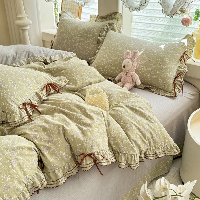 91家纺网 家纺一手货源 找家纺 韩约家纺 2025新款1韩式蝴蝶结加厚床单款棉麻四件套 花海