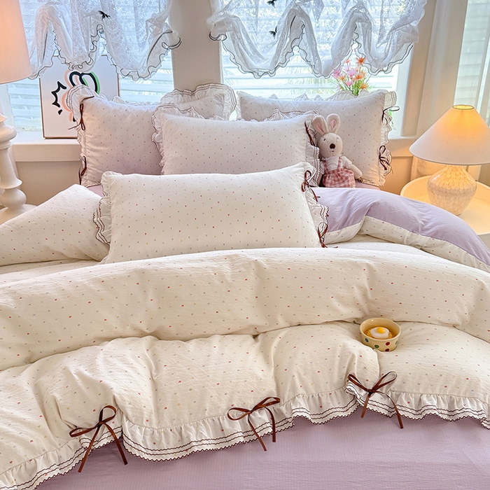 91家纺网 家纺一手货源 找家纺 韩约家纺 2025新款1韩式蝴蝶结加厚床单款棉麻四件套 砰然心动