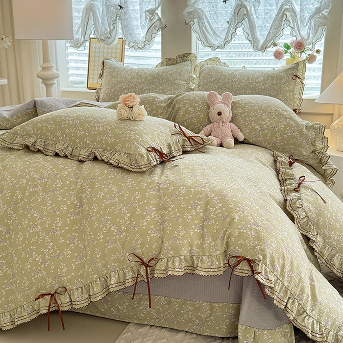 91家纺网 家纺一手货源 找家纺 韩约家纺 2025新款1韩式蝴蝶结加厚床单款棉麻四件套 花海