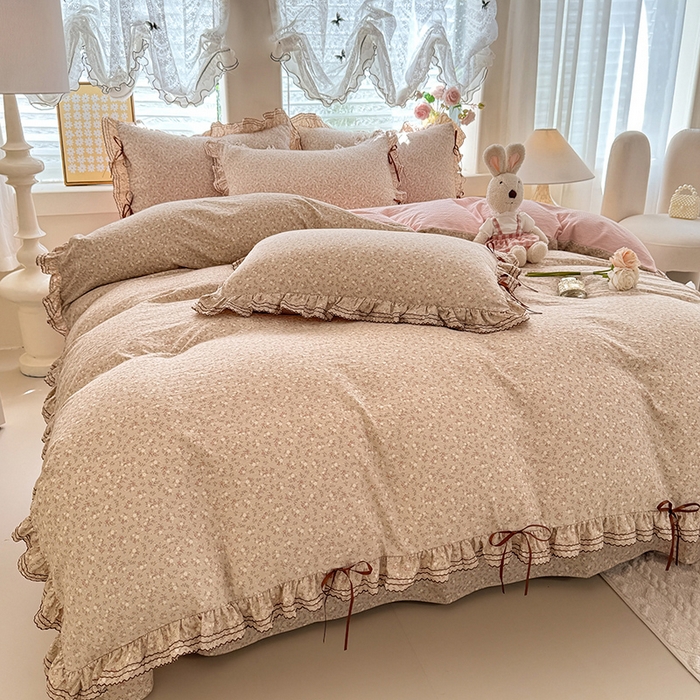 91家纺网 家纺一手货源 找家纺 韩约家纺 2025新款1韩式蝴蝶结加厚床单款棉麻四件套 心动