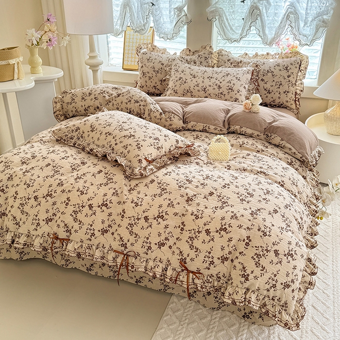 91家纺网 家纺一手货源 找家纺 韩约家纺 2025新款1韩式蝴蝶结加厚床单款棉麻四件套 雅致