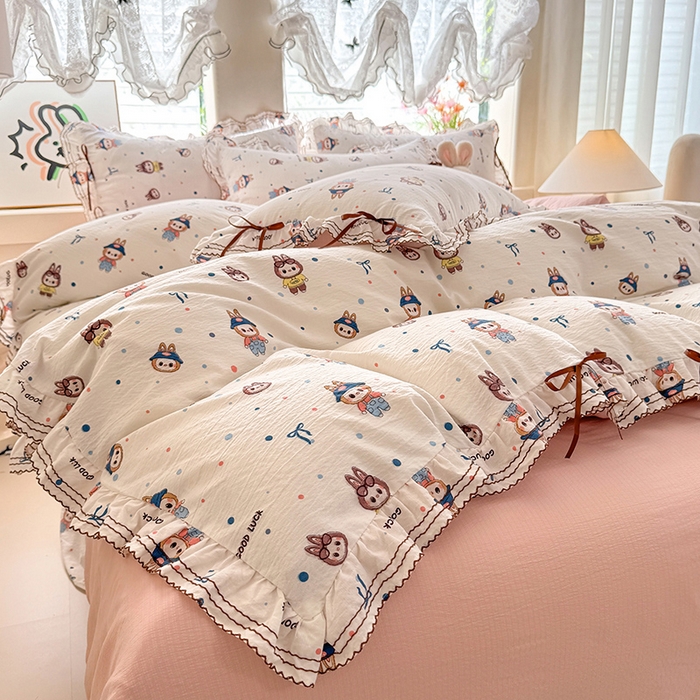 91家纺网 家纺一手货源 找家纺 韩约家纺 2025新款1韩式蝴蝶结加厚床单款棉麻四件套 美布多