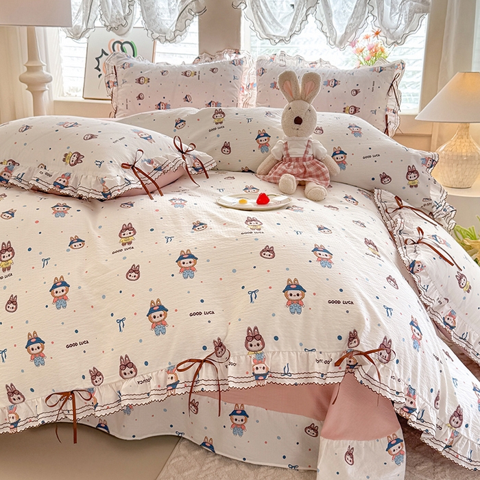 91家纺网 家纺一手货源 找家纺 韩约家纺 2025新款1韩式蝴蝶结加厚床单款棉麻四件套 美布多