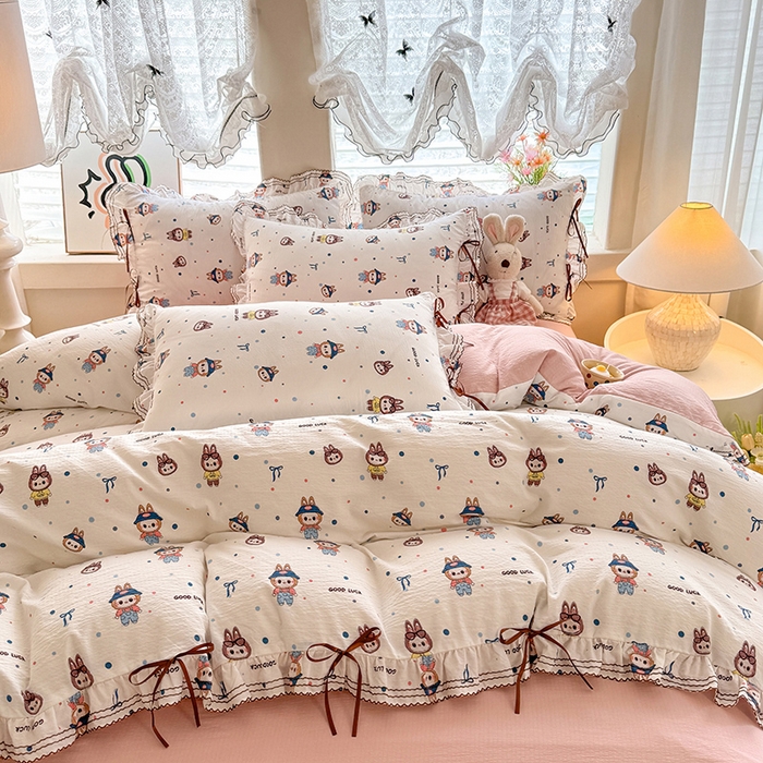 91家纺网 家纺一手货源 找家纺 韩约家纺 2025新款1韩式蝴蝶结加厚床单款棉麻四件套 美布多