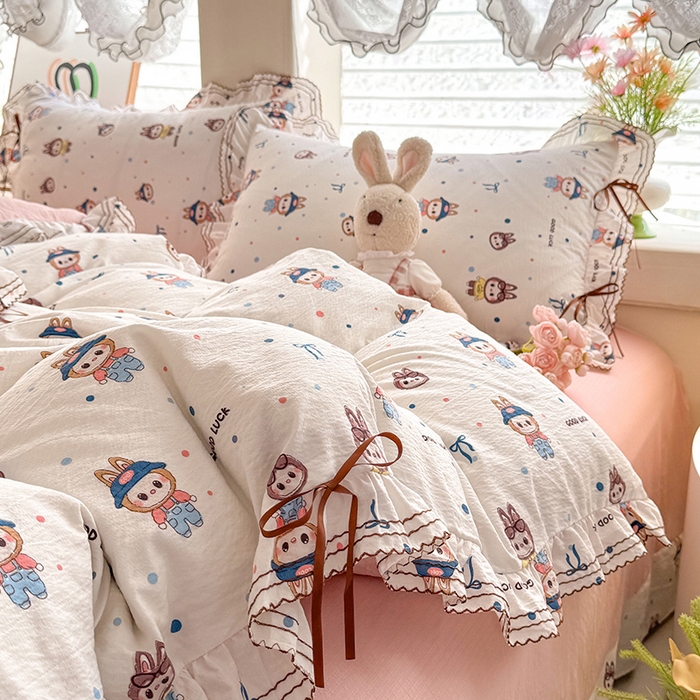 91家纺网 家纺一手货源 找家纺 韩约家纺 2025新款1韩式蝴蝶结加厚床单款棉麻四件套 美布多