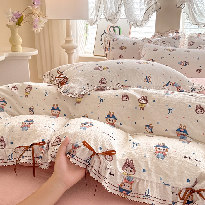 91家纺网 家纺一手货源 找家纺 韩约家纺 2025新款1韩式蝴蝶结加厚床单款棉麻四件套 美布多