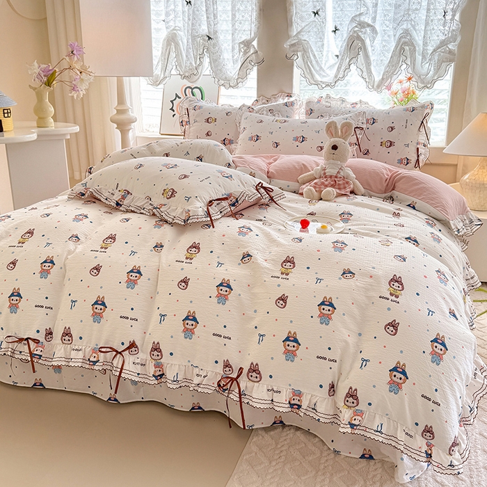 91家纺网 家纺一手货源 找家纺 韩约家纺 2025新款1韩式蝴蝶结加厚床单款棉麻四件套 美布多