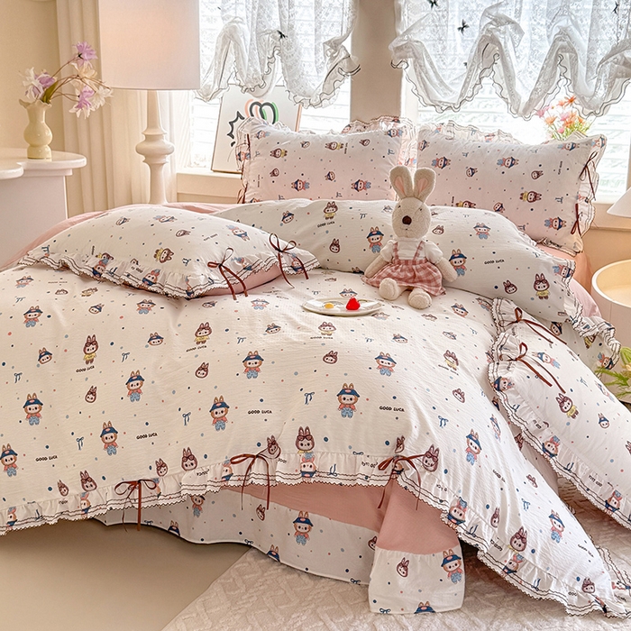 91家纺网 家纺一手货源 找家纺 韩约家纺 2025新款1韩式蝴蝶结加厚床单款棉麻四件套 美布多