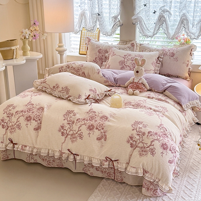 91家纺网 家纺一手货源 找家纺 韩约家纺 2025新款1韩式蝴蝶结加厚床单款棉麻四件套 秋韵