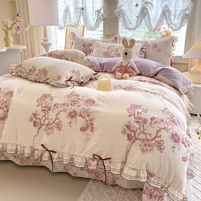 91家纺网 家纺一手货源 找家纺 韩约家纺 2025新款1韩式蝴蝶结加厚床单款棉麻四件套 秋韵