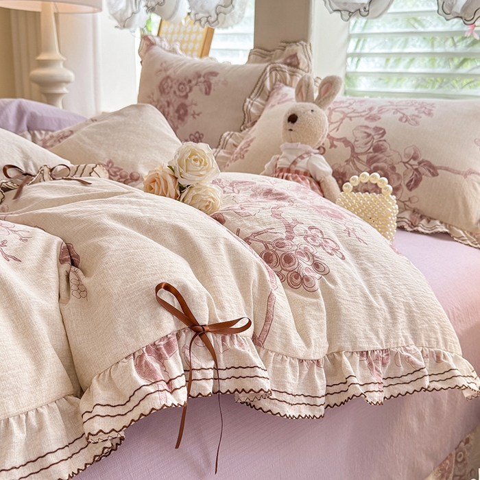 91家纺网 家纺一手货源 找家纺 韩约家纺 2025新款1韩式蝴蝶结加厚床单款棉麻四件套 秋韵