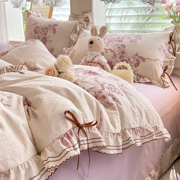 91家纺网 家纺一手货源 找家纺 韩约家纺 2025新款1韩式蝴蝶结加厚床单款棉麻四件套 秋韵