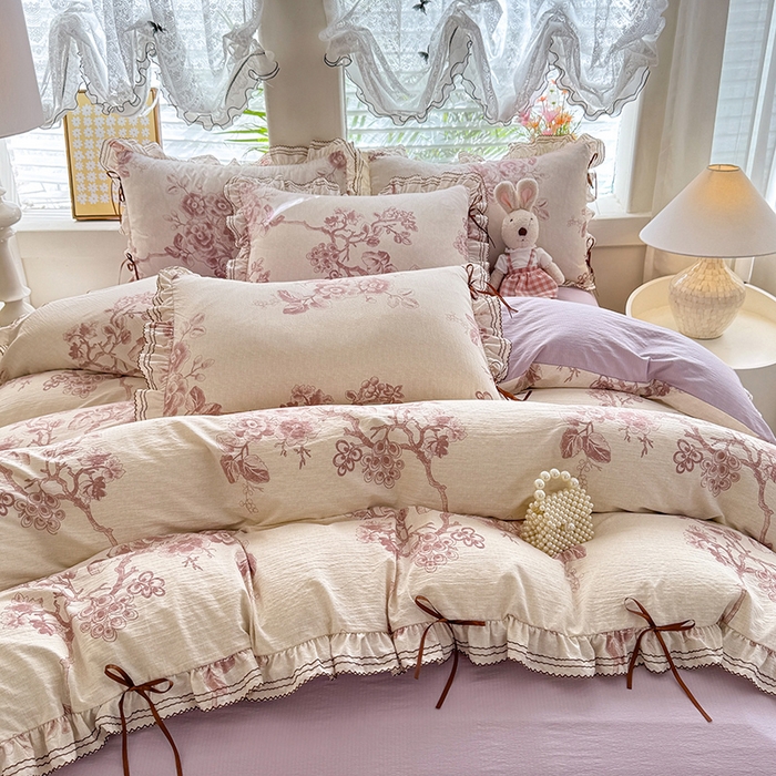 91家纺网 家纺一手货源 找家纺 韩约家纺 2025新款1韩式蝴蝶结加厚床单款棉麻四件套 秋韵