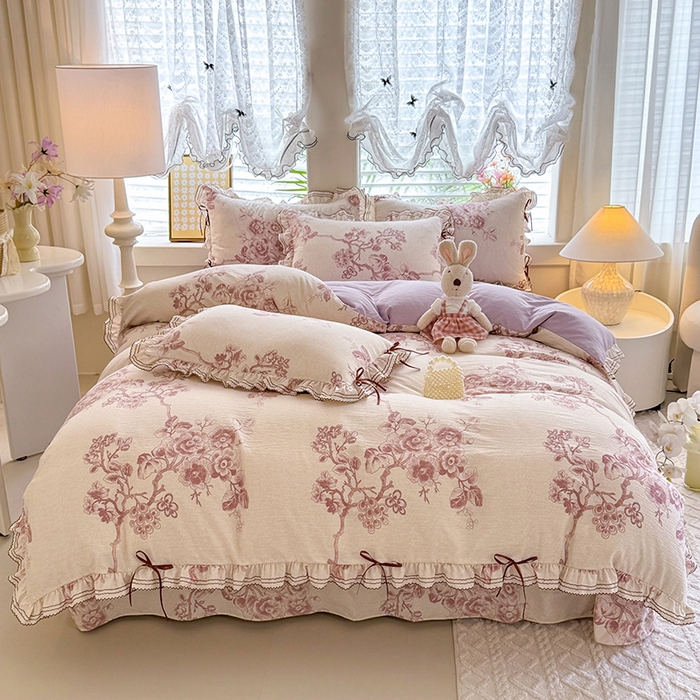 91家纺网 家纺一手货源 找家纺 韩约家纺 2025新款1韩式蝴蝶结加厚床单款棉麻四件套 秋韵