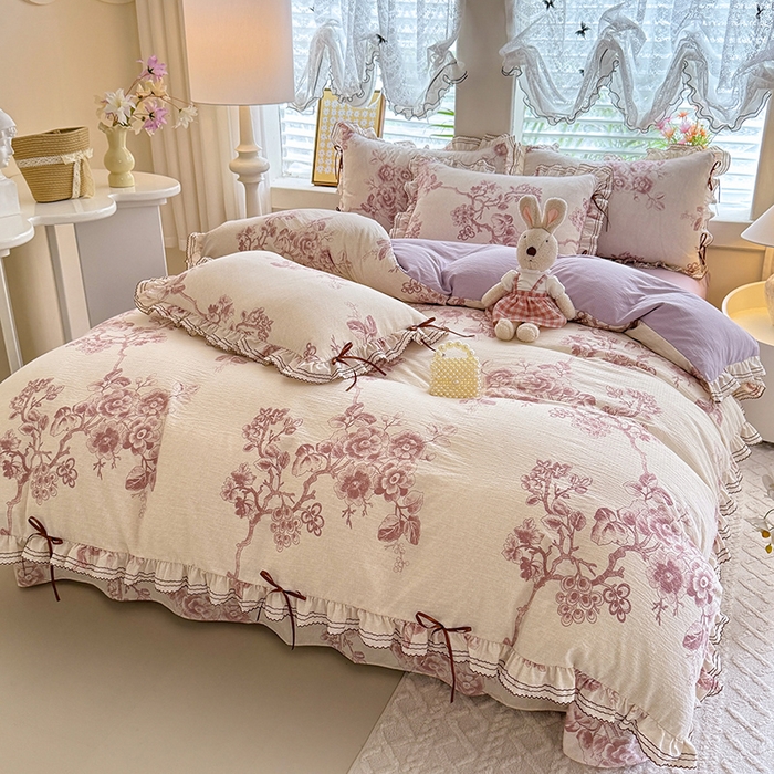 91家纺网 家纺一手货源 找家纺 韩约家纺 2025新款1韩式蝴蝶结加厚床单款棉麻四件套 秋韵