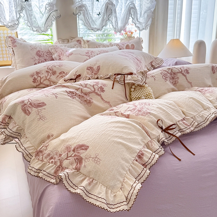 91家纺网 家纺一手货源 找家纺 韩约家纺 2025新款1韩式蝴蝶结加厚床单款棉麻四件套 秋韵