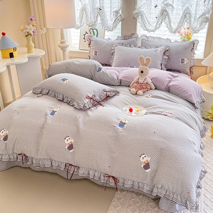 91家纺网 家纺一手货源 找家纺 韩约家纺 2025新款1韩式蝴蝶结加厚床单款棉麻四件套 熊仔萌萌