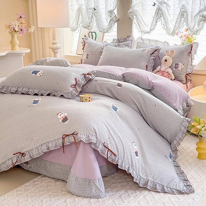 91家纺网 家纺一手货源 找家纺 韩约家纺 2025新款1韩式蝴蝶结加厚床单款棉麻四件套 熊仔萌萌