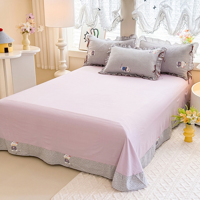 91家纺网 家纺一手货源 找家纺 韩约家纺 2025新款1韩式蝴蝶结加厚床单款棉麻四件套 熊仔萌萌