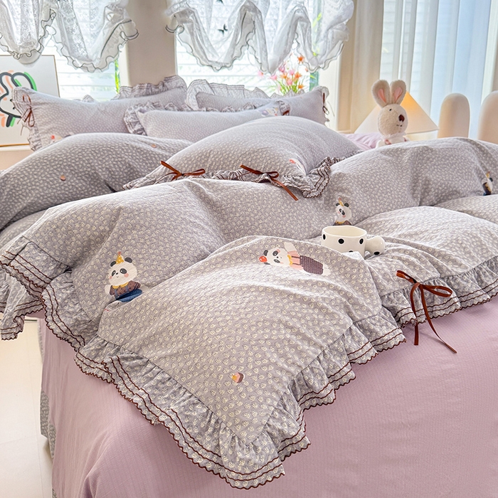 91家纺网 家纺一手货源 找家纺 韩约家纺 2025新款1韩式蝴蝶结加厚床单款棉麻四件套 熊仔萌萌