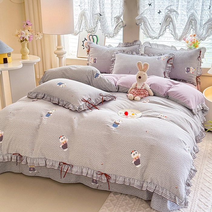 91家纺网 家纺一手货源 找家纺 韩约家纺 2025新款1韩式蝴蝶结加厚床单款棉麻四件套 熊仔萌萌