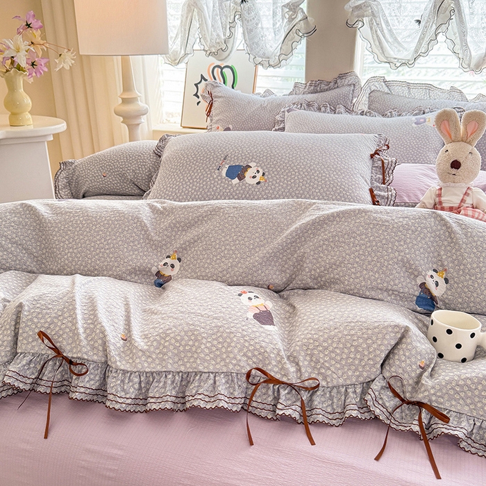 91家纺网 家纺一手货源 找家纺 韩约家纺 2025新款1韩式蝴蝶结加厚床单款棉麻四件套 熊仔萌萌