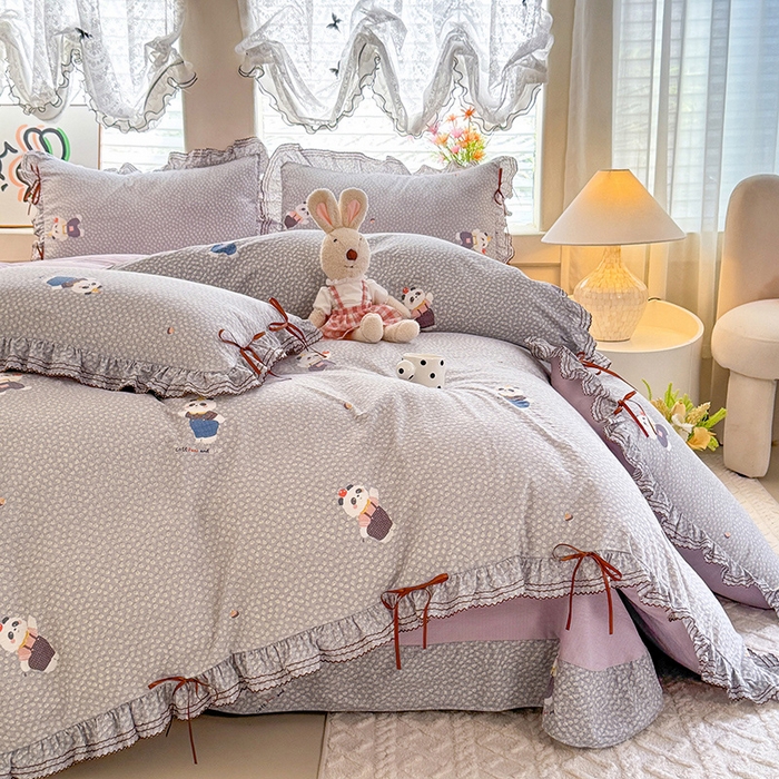 91家纺网 家纺一手货源 找家纺 韩约家纺 2025新款1韩式蝴蝶结加厚床单款棉麻四件套 熊仔萌萌