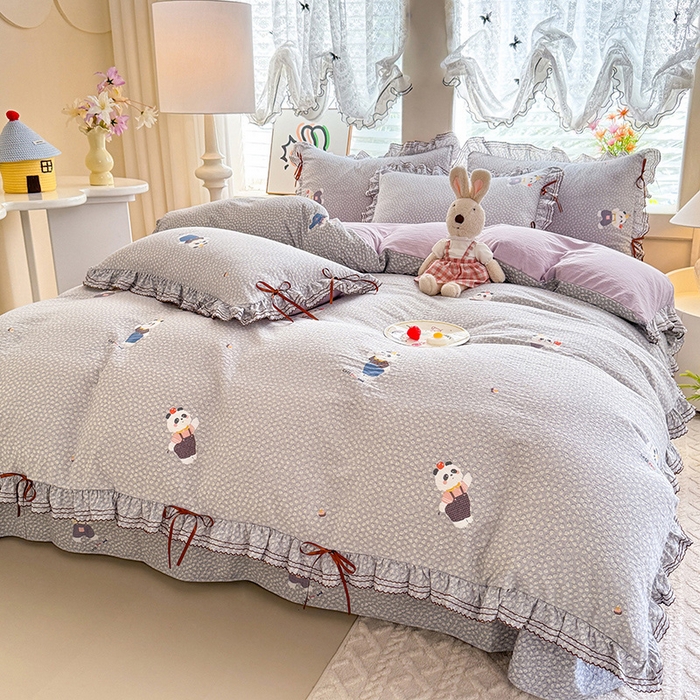 91家纺网 家纺一手货源 找家纺 韩约家纺 2025新款1韩式蝴蝶结加厚床单款棉麻四件套 熊仔萌萌