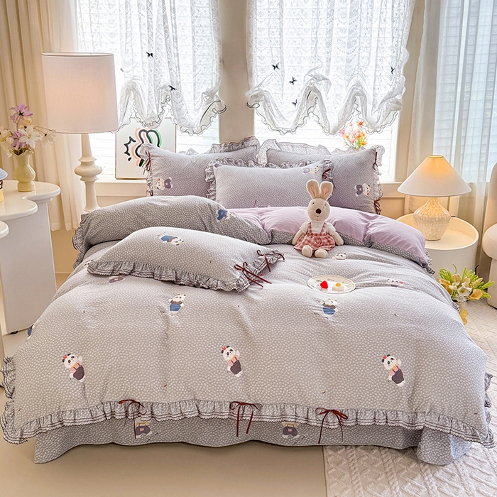 91家纺网 家纺一手货源 找家纺 韩约家纺 2025新款1韩式蝴蝶结加厚床单款棉麻四件套 熊仔萌萌