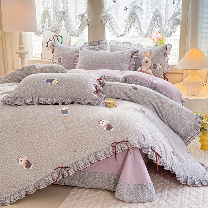 韩约家纺 2025新款1韩式蝴蝶结加厚床单款棉麻四件套 熊仔萌萌