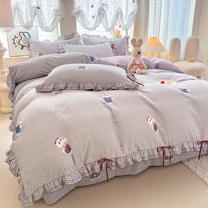 91家纺网 家纺一手货源 找家纺 韩约家纺 2025新款1韩式蝴蝶结加厚床单款棉麻四件套 熊仔萌萌