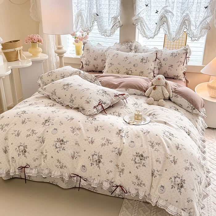 91家纺网 家纺一手货源 找家纺 韩约家纺 2025新款1韩式蝴蝶结加厚床单款棉麻四件套 芳华