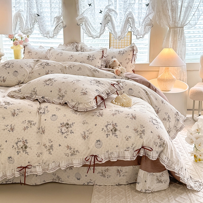 91家纺网 家纺一手货源 找家纺 韩约家纺 2025新款1韩式蝴蝶结加厚床单款棉麻四件套 芳华